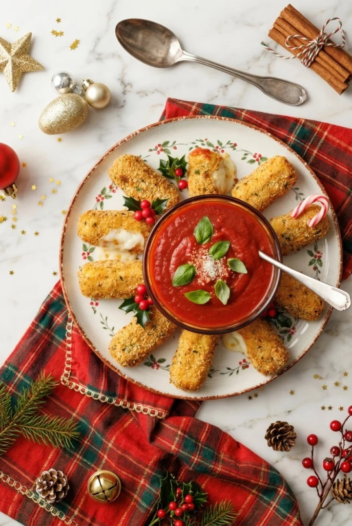 Baked mozzarella bites on skewers with a bowl of warm marinara dip