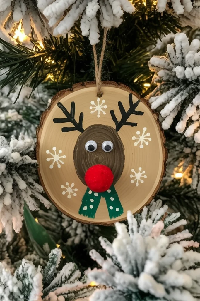 Brown wooden ornament decorated with red fingerprints forming antlers, googly eyes, and a red pom-pom nose creating a cheerful reindeer face