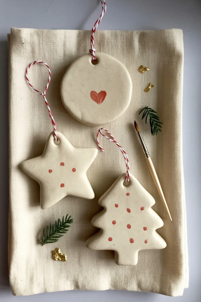 Pale salt-dough handprint ornament with stamped year, hanging from a red ribbon on a Christmas tree