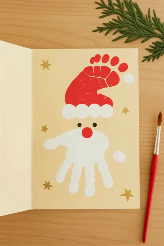 Red footprint forming Santa's hat and body paired with a white handprint beard on a folded holiday card