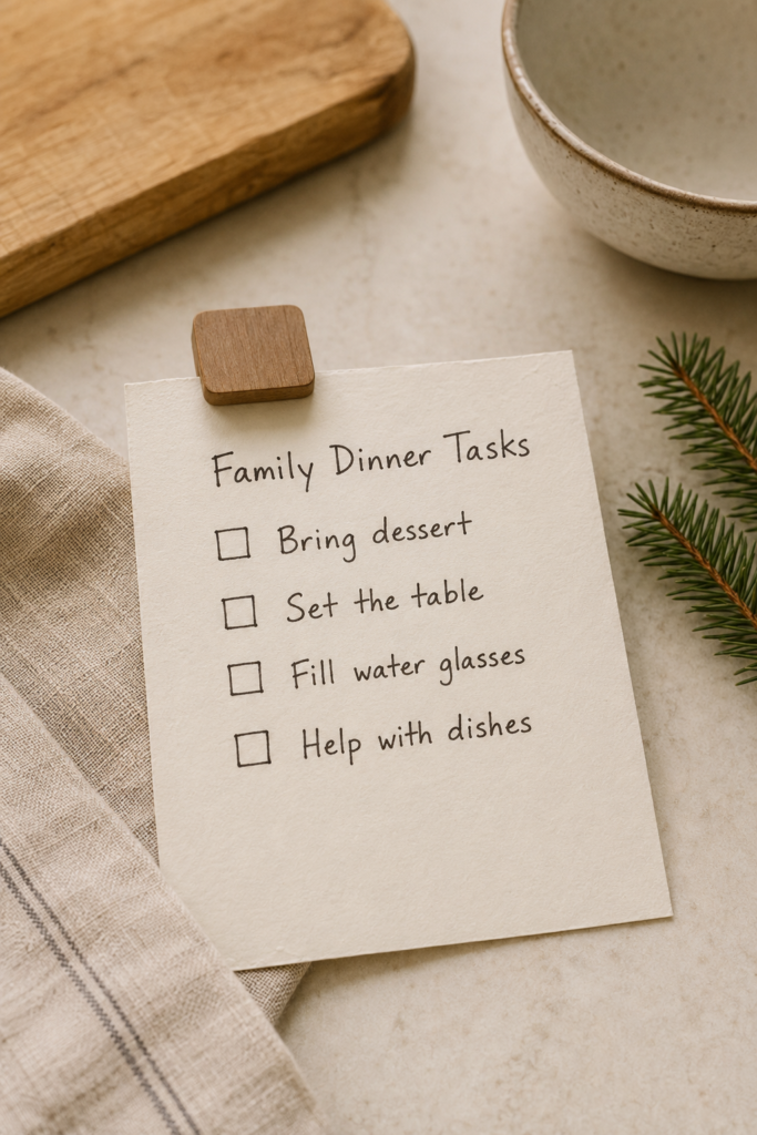 A printable Christmas dinner task card on a kitchen counter with roles like bring dessert and help set the table