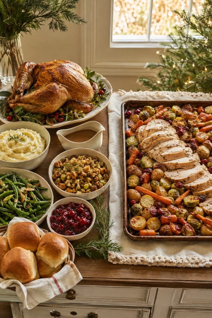 Side-by-side comparison of a traditional roast turkey spread and a simplified sheet-pan Christmas dinner