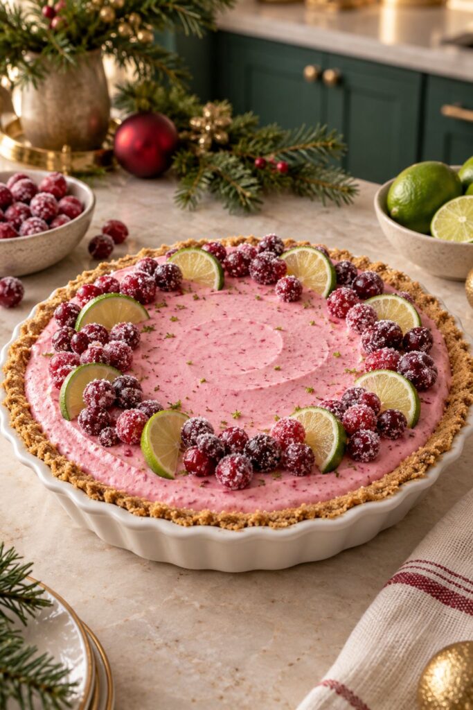 Frozen pink margarita-style pie in a pretzel crust with lime slices and coarse salt on the rim