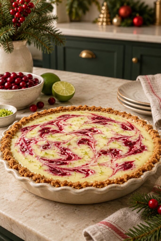 Tart, pale pink cranberry lime icebox pie with a graham crust and lime zest garnish