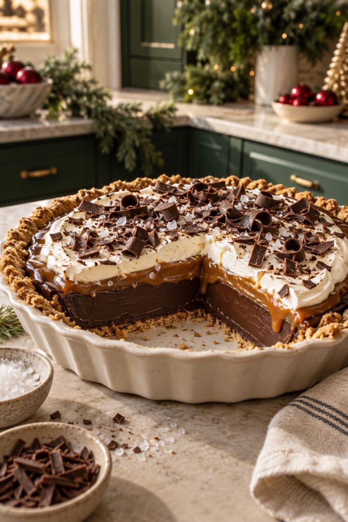 Dark chocolate pie with a molten-looking caramel layer and flaky sea salt scattered across the top