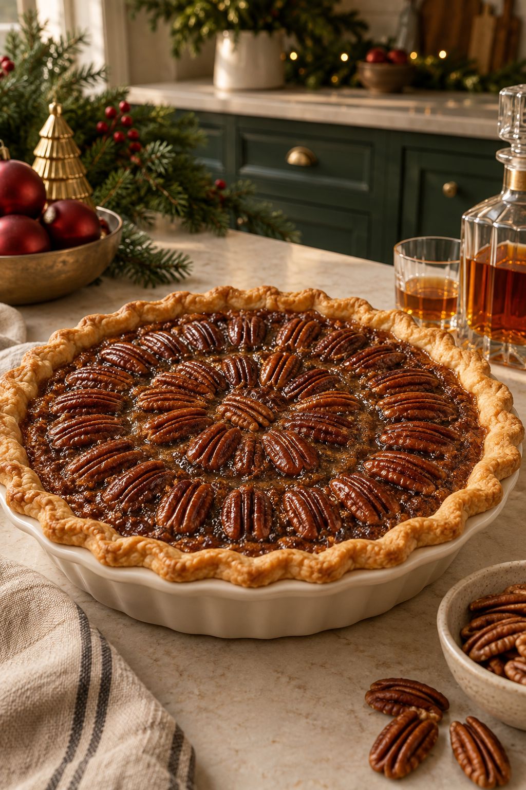 Classic pecan pie with a deep amber, glossy filling and a whole-pecan top
