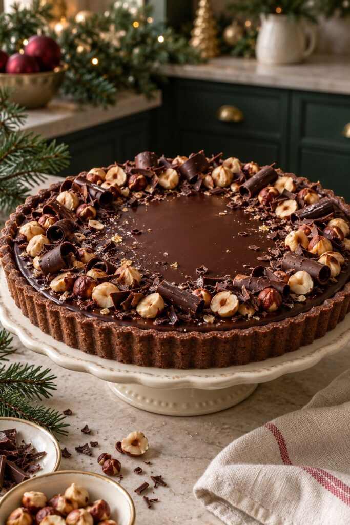 Sleek chocolate ganache tart in a hazelnut crust, topped with whole toasted hazelnuts arranged in a ring