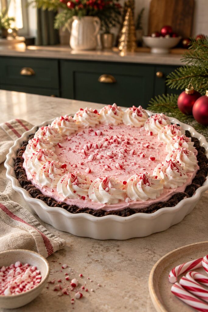 Pale pink peppermint mousse pie in a chocolate cookie crust, topped with crushed candy cane