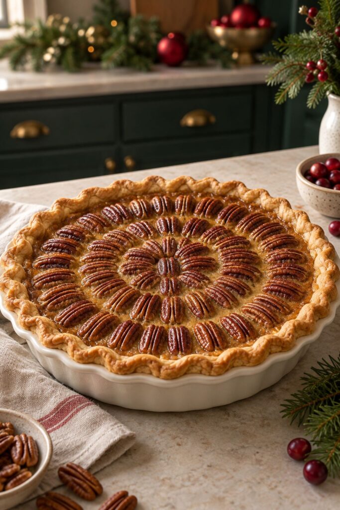 Glossy maple pecan custard pie with a spiral of whole pecans set into a smooth amber filling
