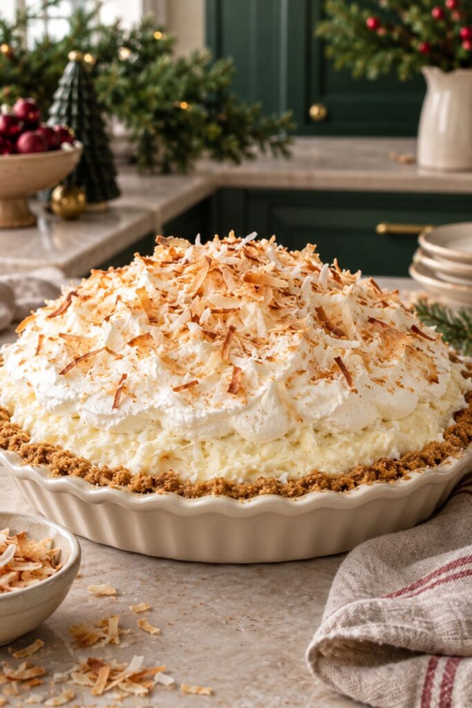 Coconut cream pie mounded high with whipped cream and toasted coconut flakes, styled like a snowball