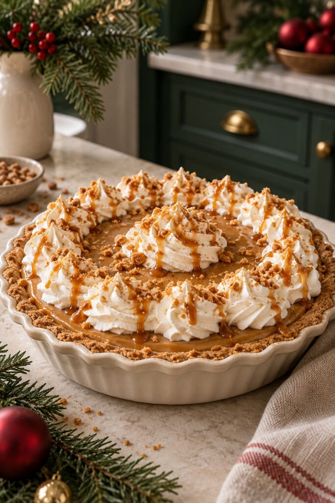 Butterscotch cream pie with a deep amber filling, topped with clouds of whipped cream and a caramel drizzle
