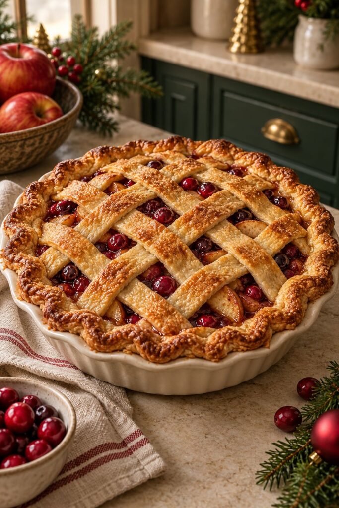 Golden lattice-topped apple cranberry pie with ruby cranberries peeking through the woven crust