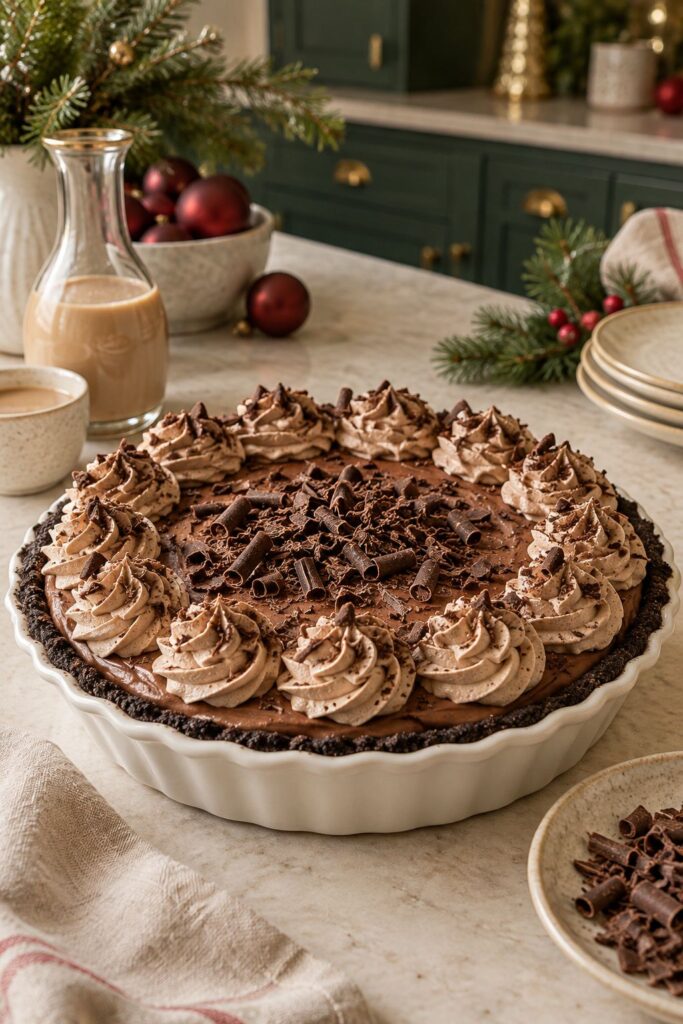 Rich chocolate pie with an Irish cream liqueur infused filling, topped with whipped cream and chocolate shavings