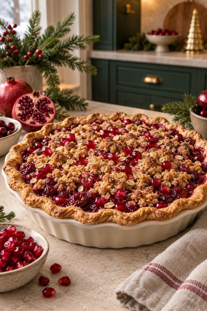 Ruby-toned crumble pie with pomegranate arils scattered across a buttery oat topping