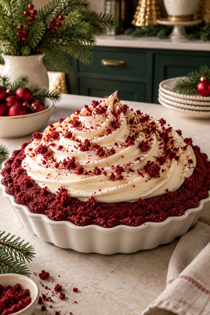 Red velvet bundt cake topped with swirled vanilla frosting, styled like a holiday pie