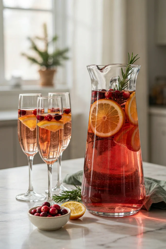 A large glass pitcher of pale pink sangria filled with orange slices and fresh cranberries, poured into a glass garnished with rosemary.