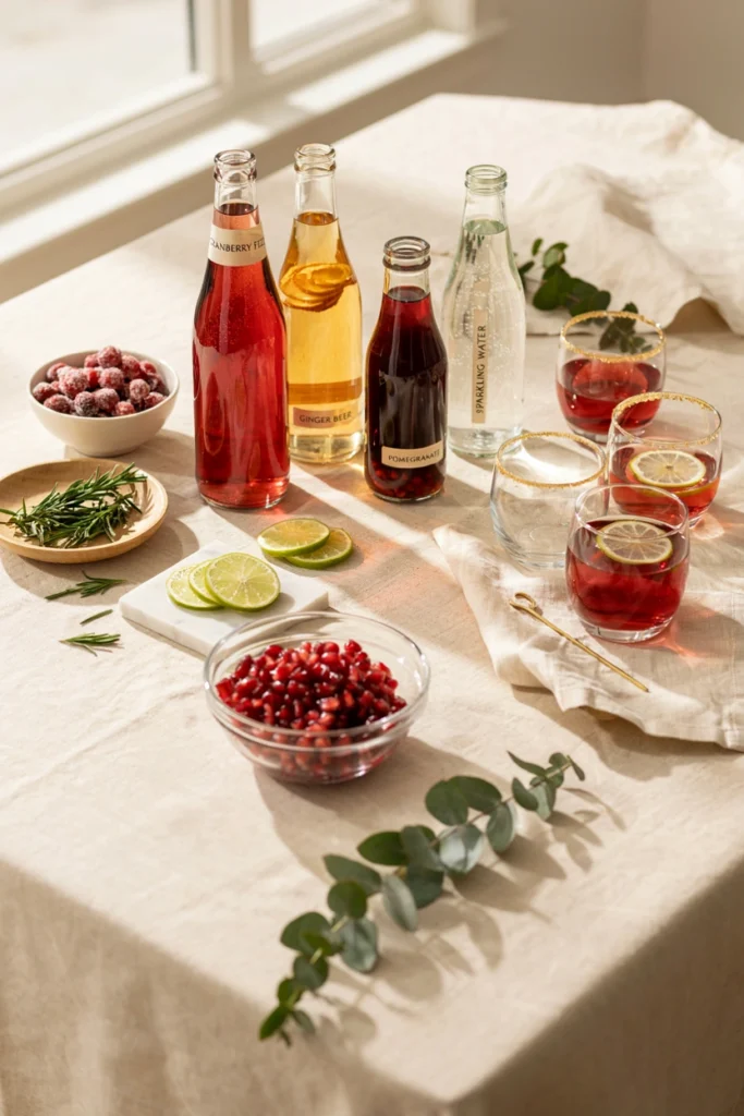 A colorful mocktail station with bottles of sparkling cranberry, ginger beer, and pomegranate juice garnished with rosemary and sugared cranberries
