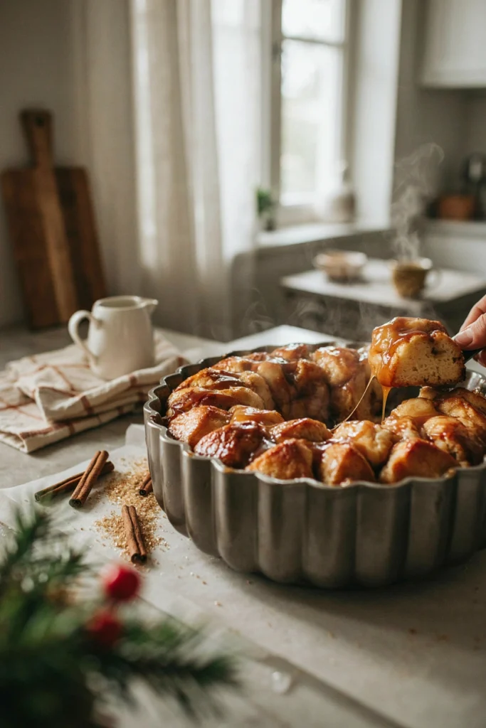 A bundt-shaped pull-apart bread, glossy with caramel sauce, dripping down the sides onto a plate.