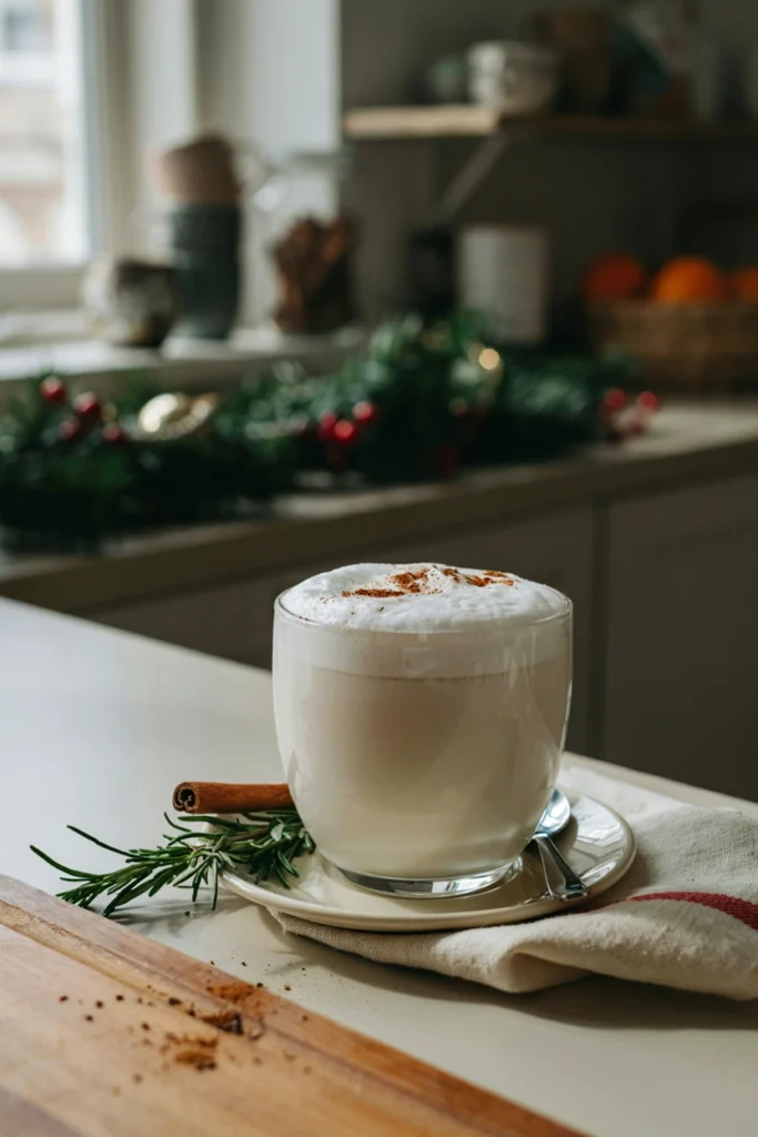 A clear glass mug of frothy white steamed milk with visible foam texture, a dusting of cinnamon on top, cozy kitchen setting