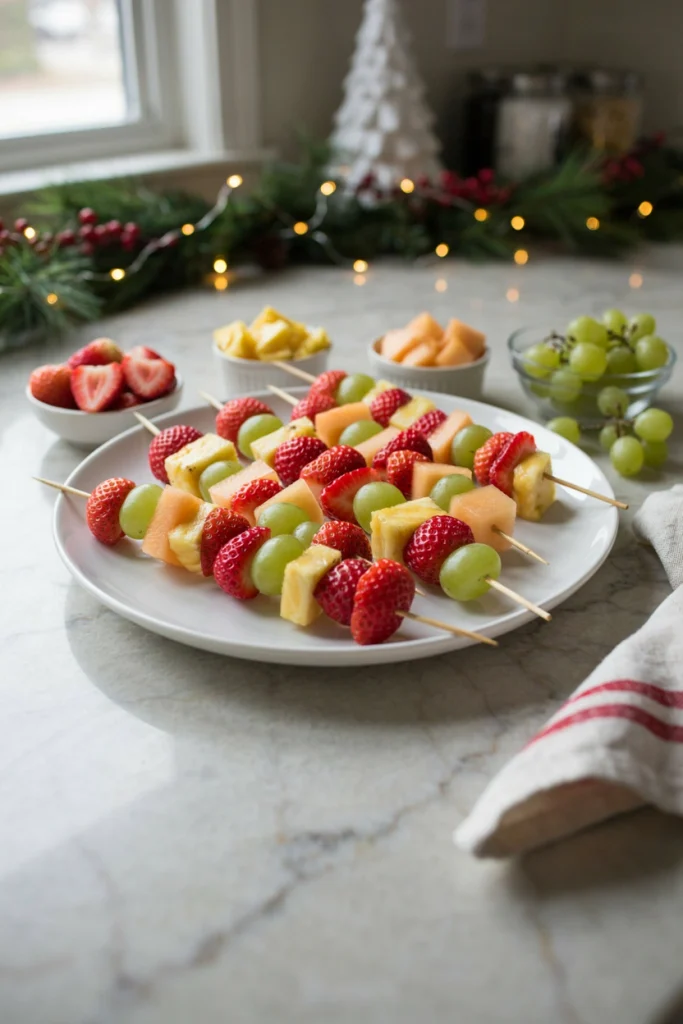 Wooden skewers threaded with green grapes, orange melon, red strawberries, and yellow pineapple, laid out to look like a string of holiday lights.