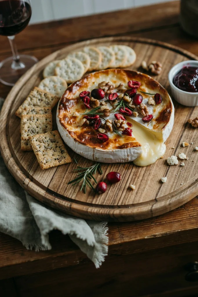 A round of baked brie oozing from a cut center, topped with cranberry compote and toasted walnuts, on a wooden board with crackers.