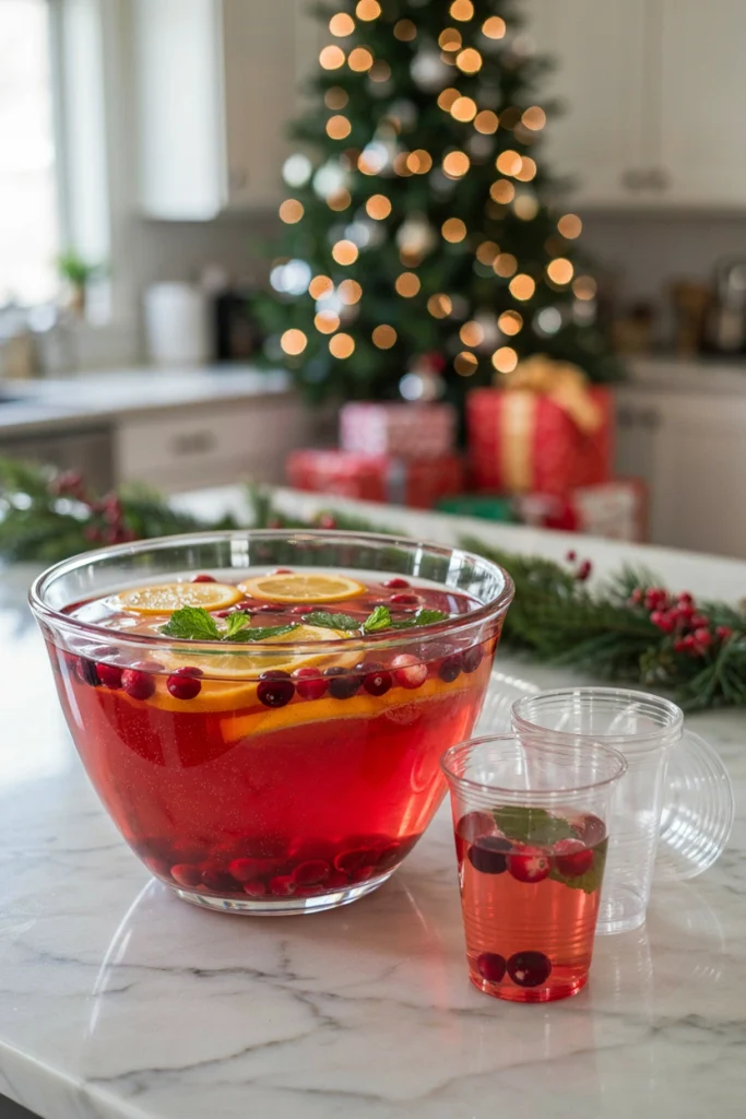 A large glass punch bowl of red sparkling punch with floating cranberries and mint leaves, ladled into small cups.