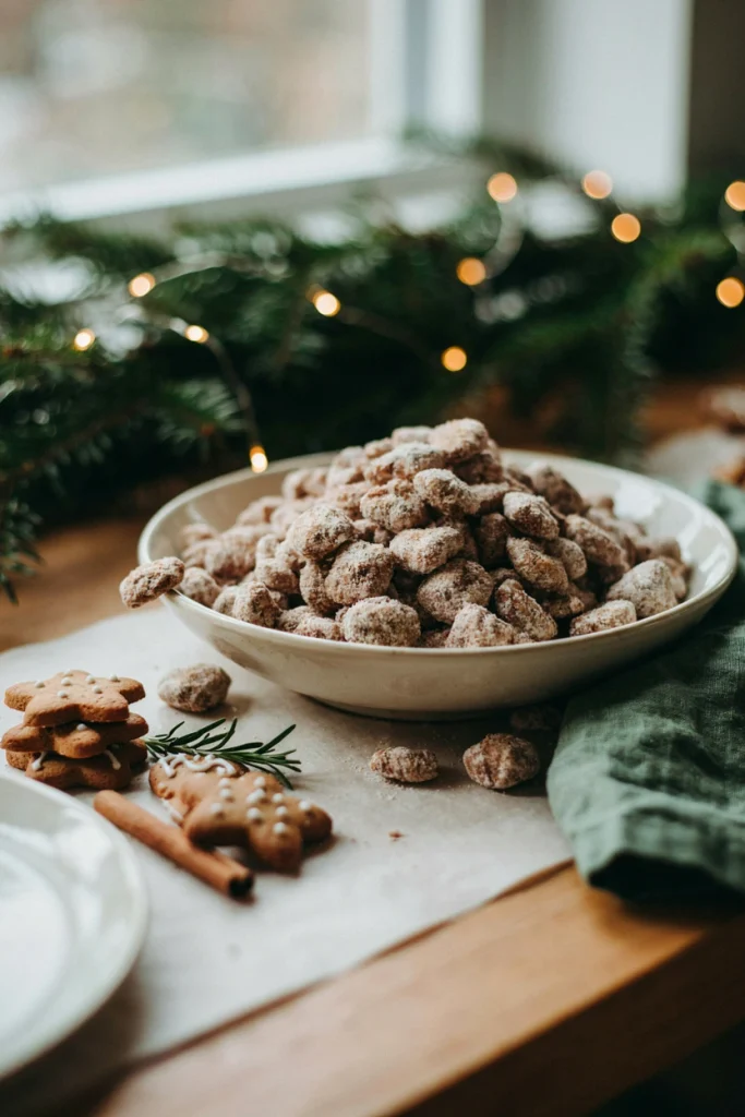 Gingerbread puppy chow snack mix dusted with powdered sugar