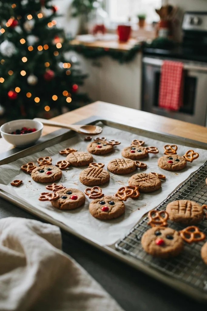 Round peanut butter cookies with pretzel antlers, candy eyes, and a red M&M nose, arranged on a wire rack.