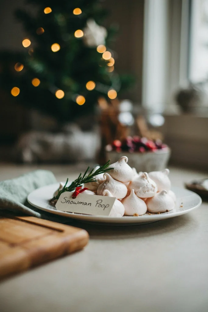 A pile of small white meringue-like puffs on a plate with a funny handwritten tag, resembling little melted snowballs.