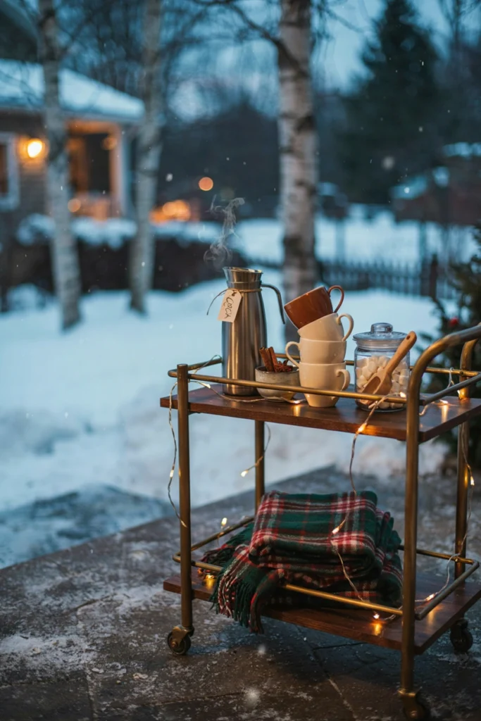 A vintage bar cart near an outdoor fire pit holding a thermal carafe of cocoa, plaid blankets, and mugs wrapped in string lights