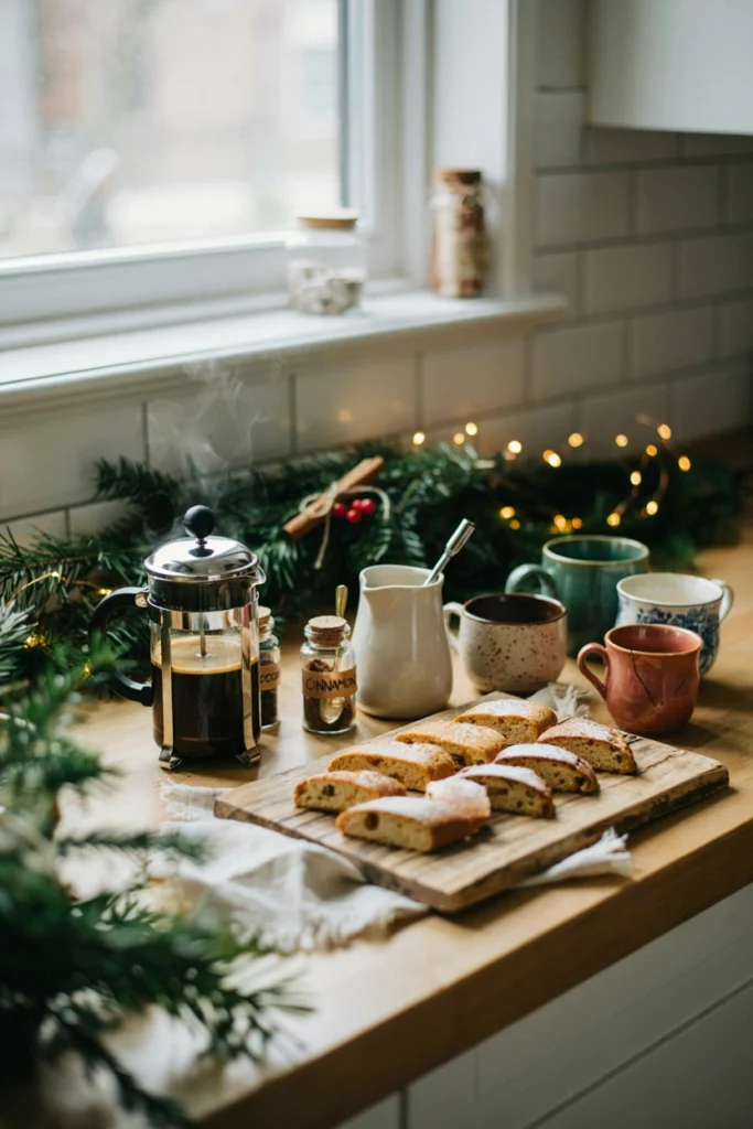A rustic wooden crate holding a French press, steamed milk, jars of cinnamon and cocoa powder, and mismatched vintage mugs