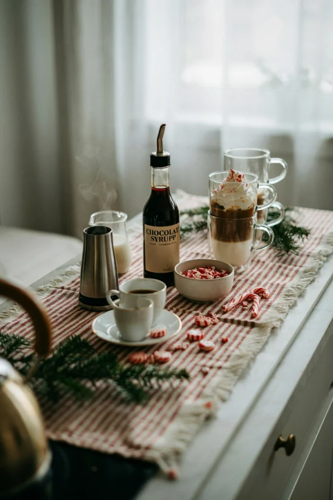 A milk frother station with chocolate syrup, crushed candy canes, and a chalkboard menu against white and red holiday linens