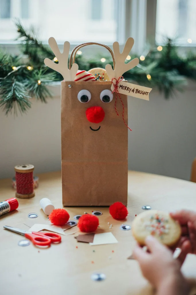 Brown paper bag decorated as a reindeer face with googly eyes, antlers, and a pom-pom nose