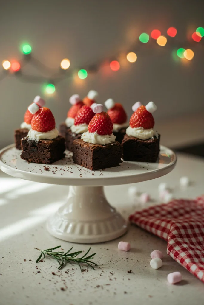 Bite-sized brownies topped with a swirl of white frosting and a red strawberry half, resembling tiny Santa hats.