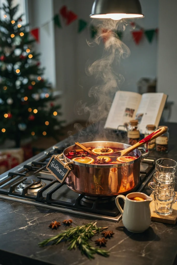 A large pot of deep red mulled wine on a stovetop with orange slices, cinnamon sticks, and star anise floating on the surface, steam visible