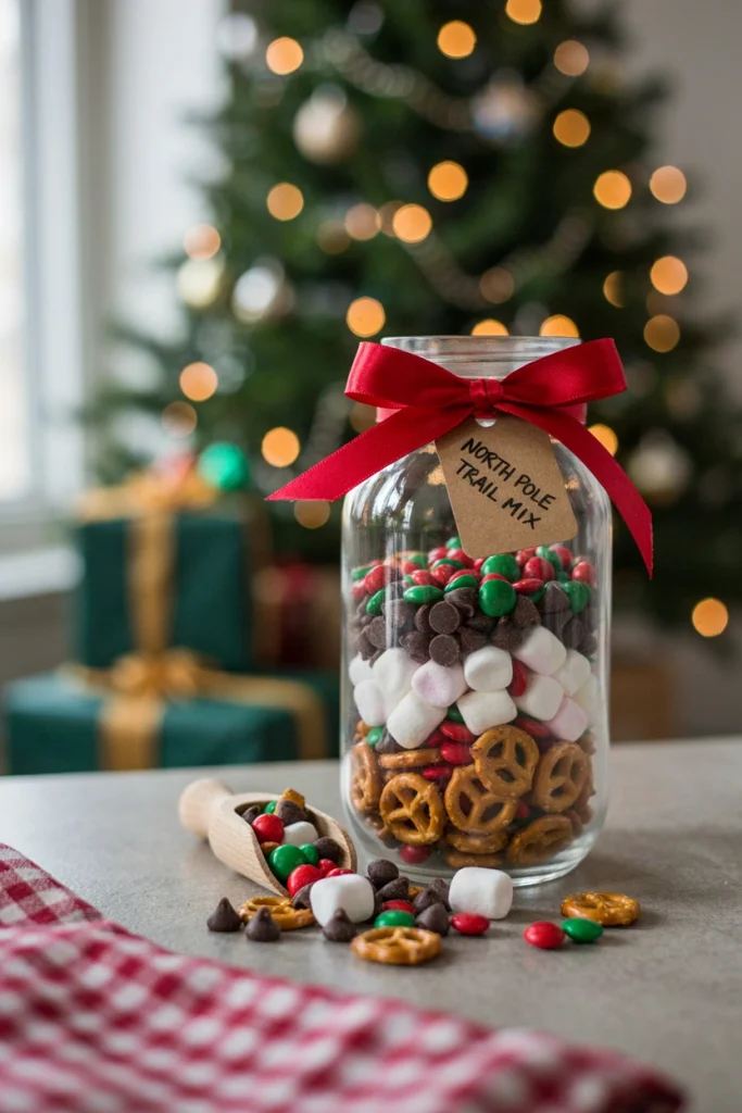 A clear jar layered with pretzels, red and green candies, mini marshmallows, and chocolate chips, tied with a ribbon.
