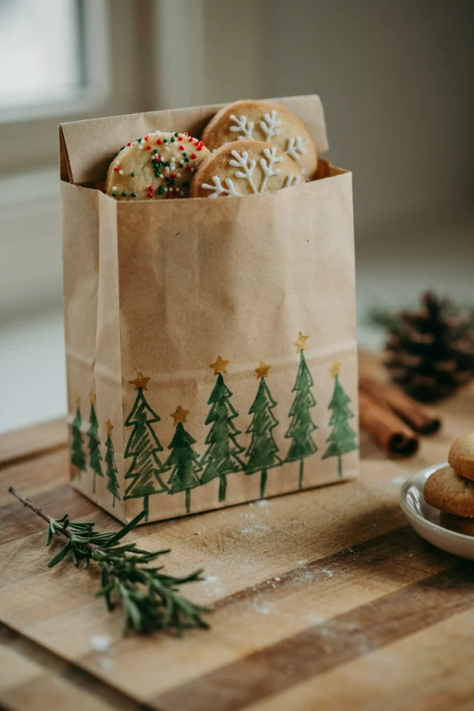 Brown paper bag with a row of hand-drawn green Christmas trees