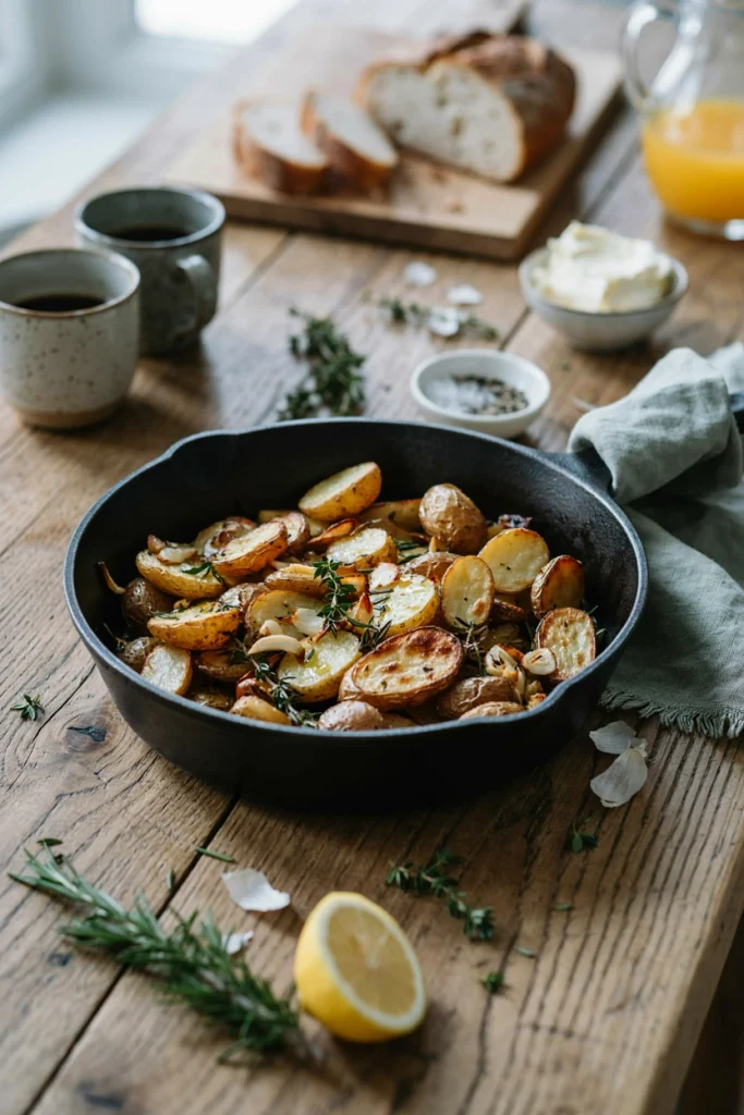 Crispy golden potato cubes tossed with fresh rosemary and thyme, served in a cast iron skillet.