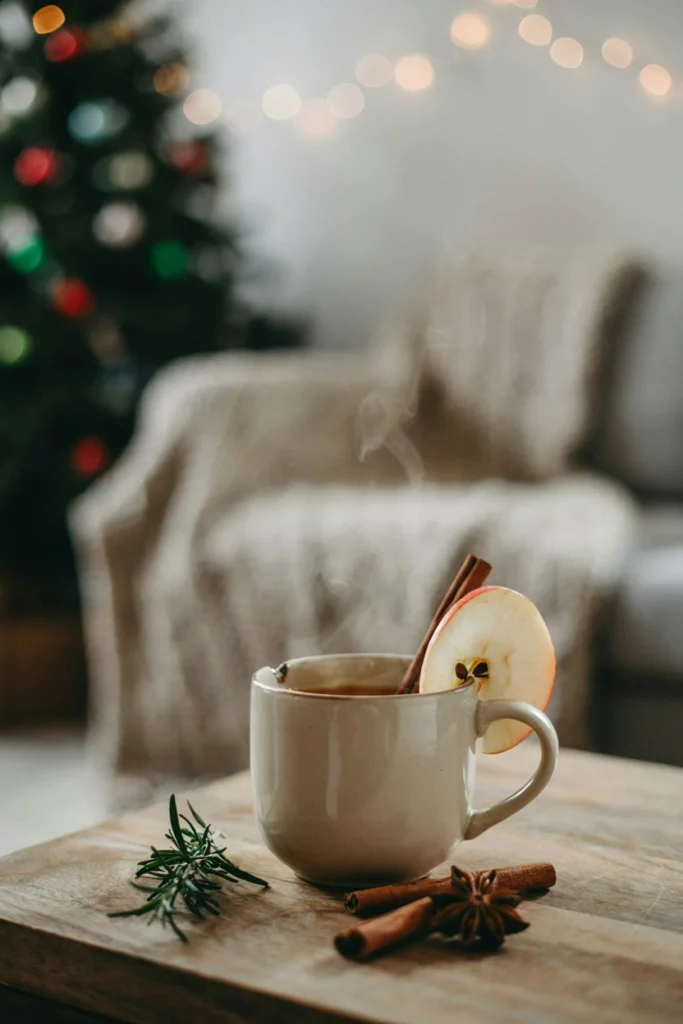 A stoneware mug of warm amber cider with a cinnamon stick stirrer and a thin apple slice perched on the rim, cozy blanket blurred in the background