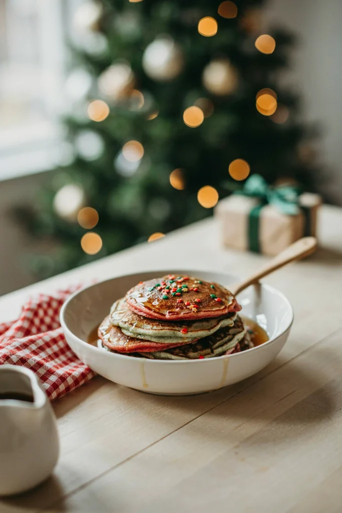 A bowl filled with tiny green and red silver-dollar-sized pancakes, drizzled with syrup, resembling cereal.