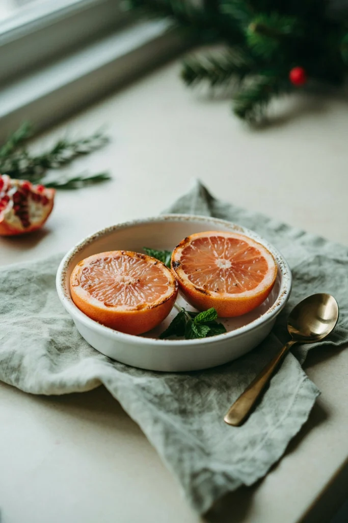 Grapefruit halves with a caramelized, bubbling brown sugar top, fresh from the broiler on a small baking sheet.