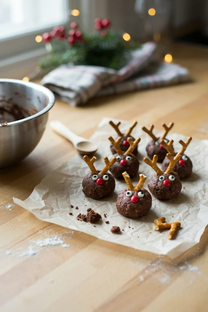 Chocolate cookies topped with peanut butter, pretzel antlers, googly eyes, and a red nose, no oven required, cooling on parchment paper.
