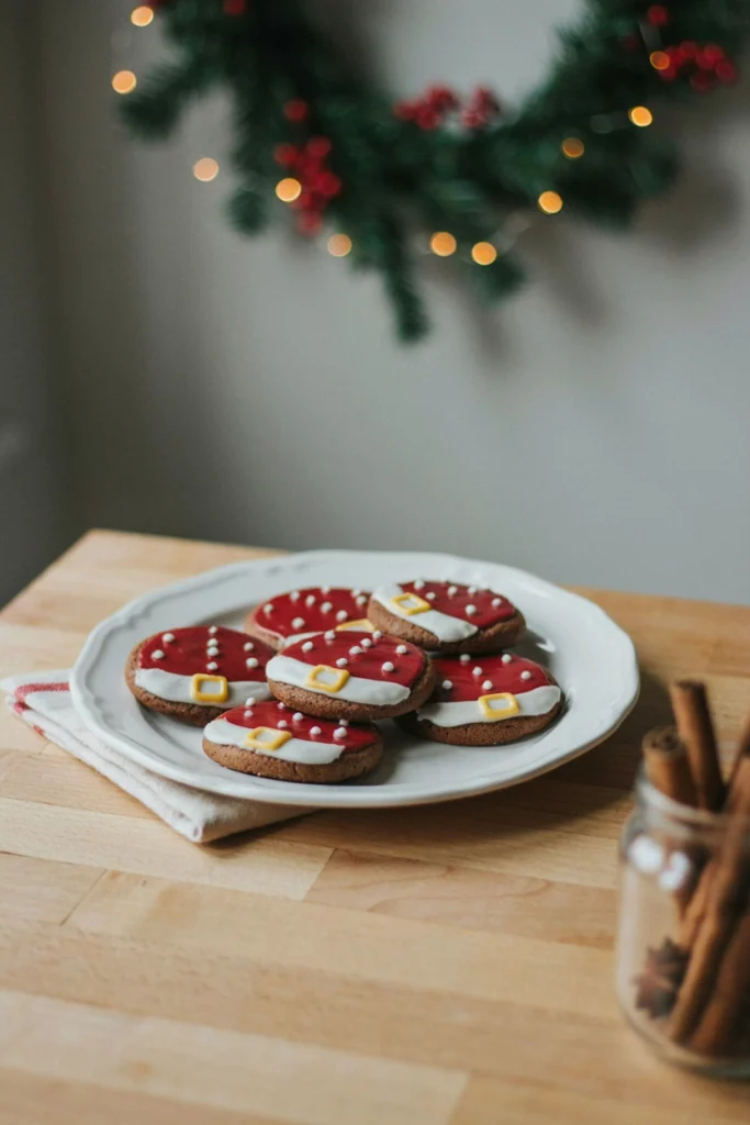 Round chocolate cookies decorated with a white frosting belt line, a yellow candy belt buckle, and white pom-poms on either side.