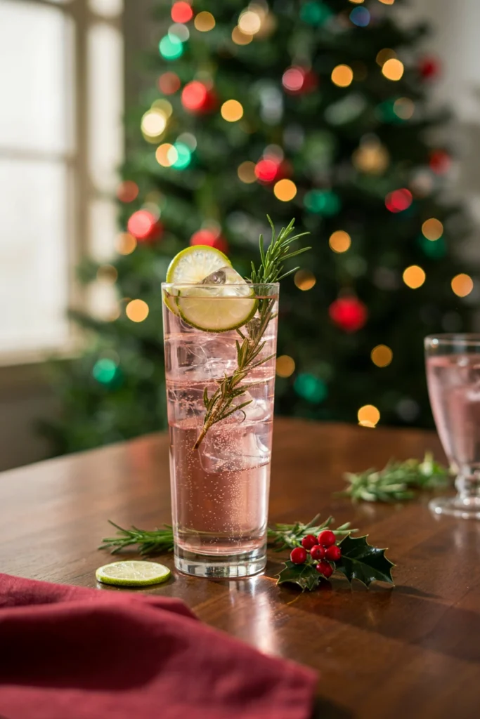 A tall highball glass with pale pink sparkling liquid, ice, a lime wheel, and fresh rosemary sprig garnish