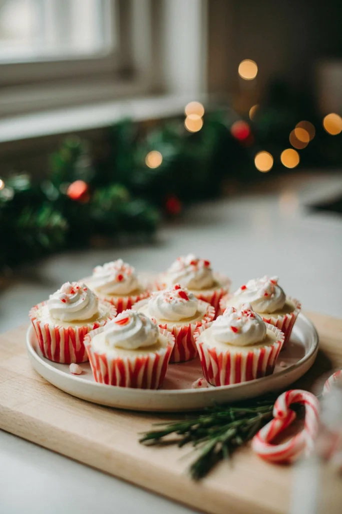 Mini no-bake cheesecake bites topped with crushed candy cane and a swirl of whipped cream, in mini paper liners.