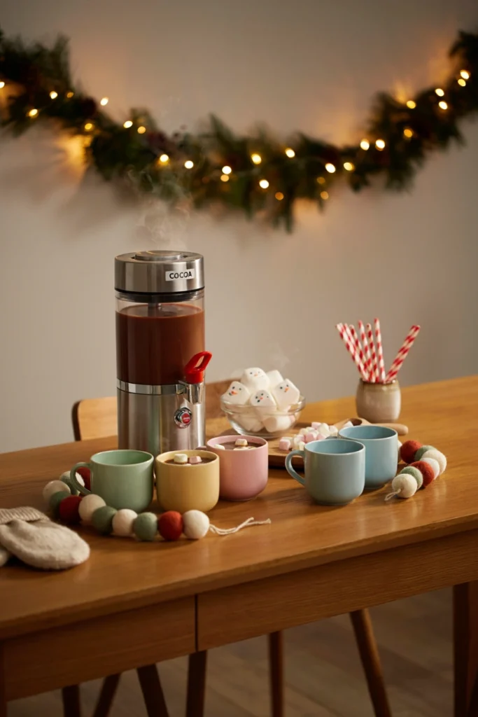 A low child-height table with a kid-safe thermal cocoa dispenser, snowman marshmallows, and colorful striped straws