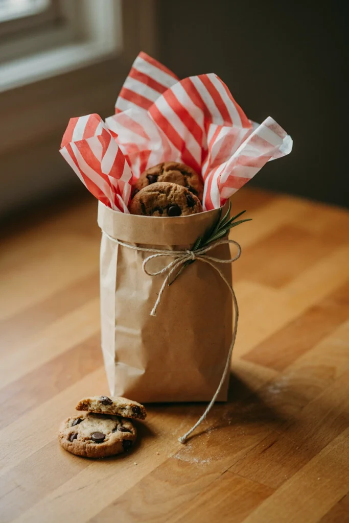 Kraft bag with layers of red and white tissue paper peeking out above the fold