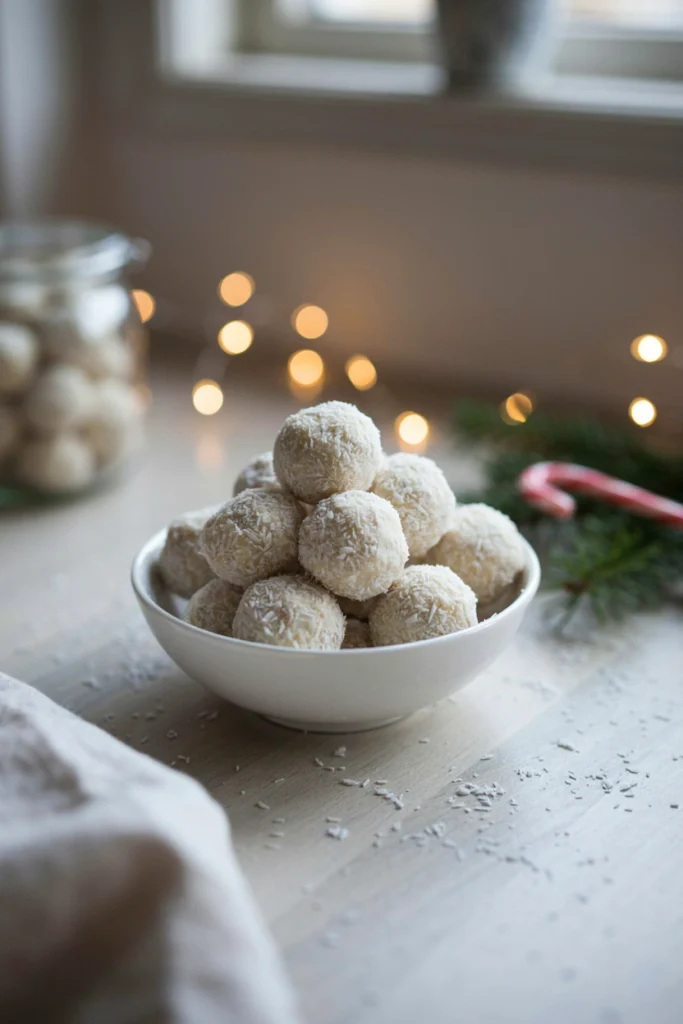 Round white chocolate truffles rolled in shredded coconut, piled in a bowl to look like a pile of snowballs.