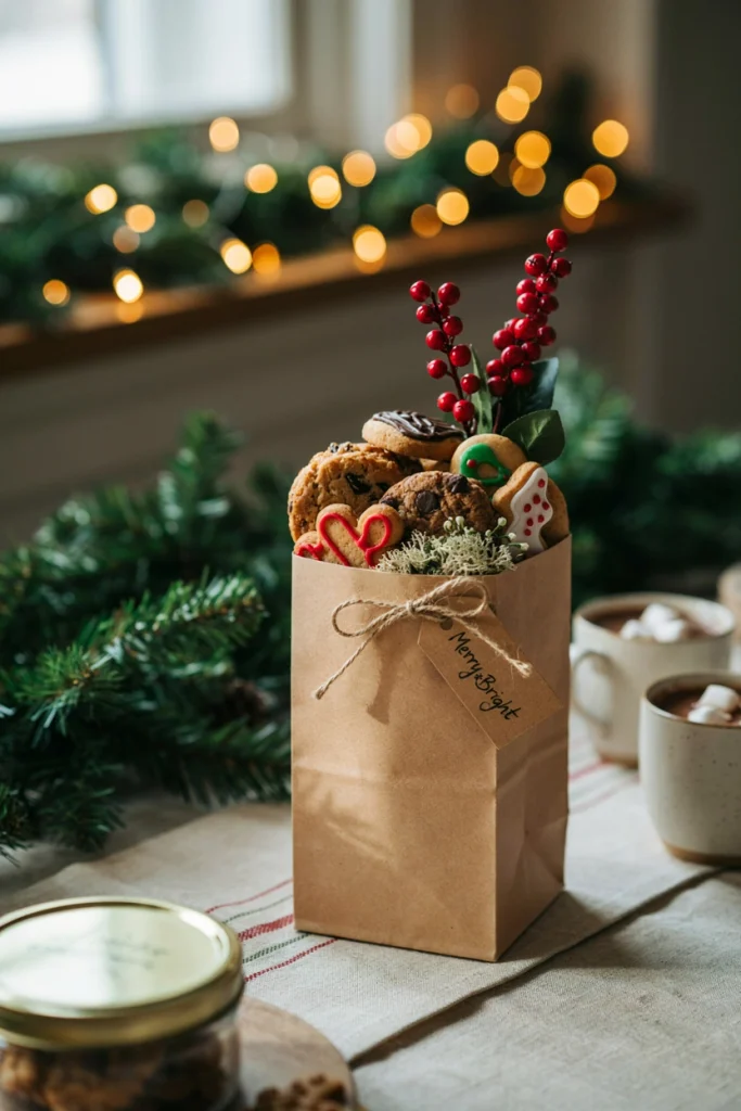 Kraft paper box bag topped with preserved moss and faux red winterberries