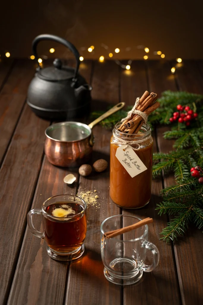 A copper pot of hot buttered rum batter next to a kettle of steaming water with cinnamon sticks and a rich buttery batter in a glass jar